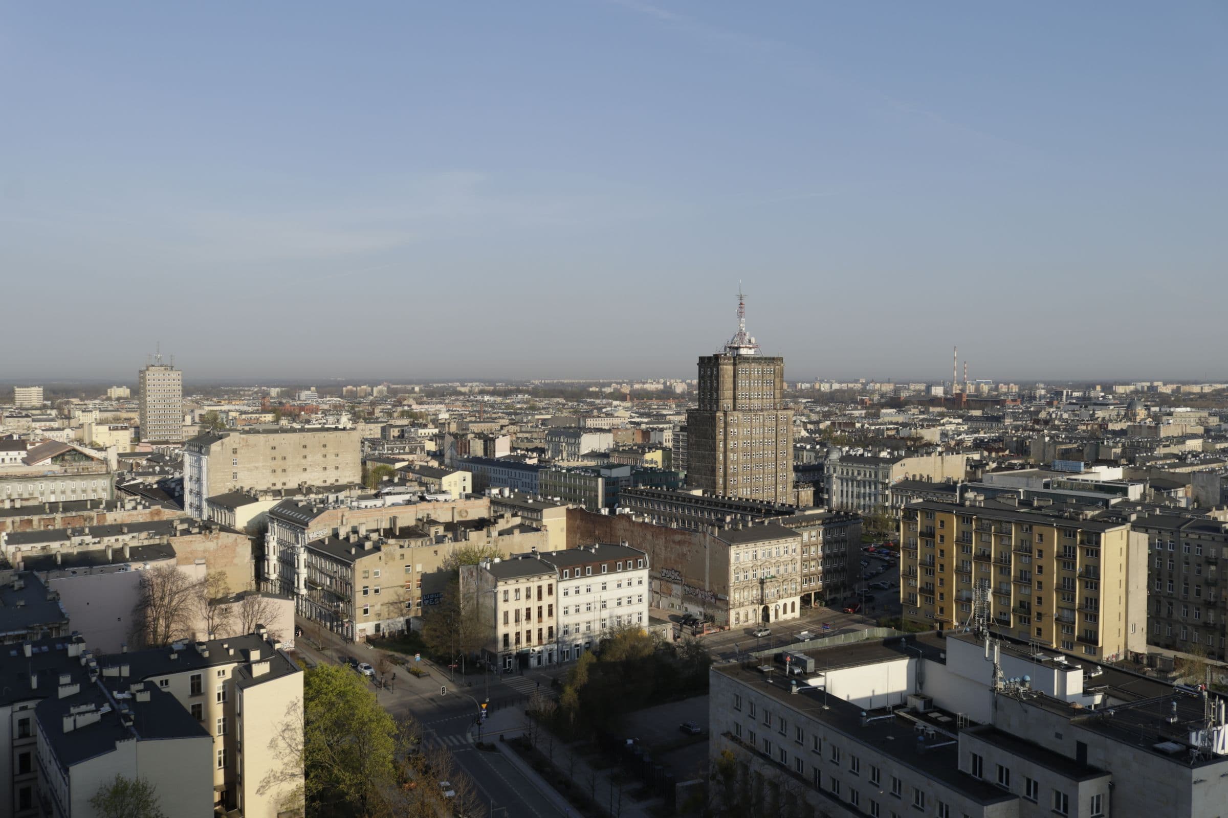 A quiet city seen from above, low rooftops leading toward a tall tower.